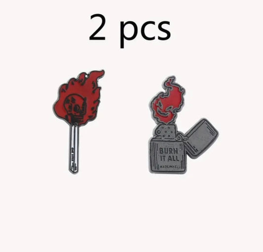 2 piece lighter and skull match enamel pin set