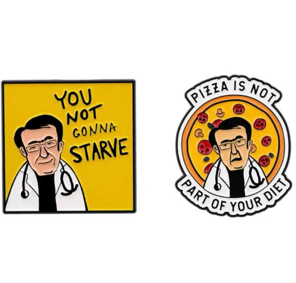 Dr. Now Funny "You Not Gonna Starve" Enamel Pin - Yellow Background with Black Text, Dr. Now Character Design
